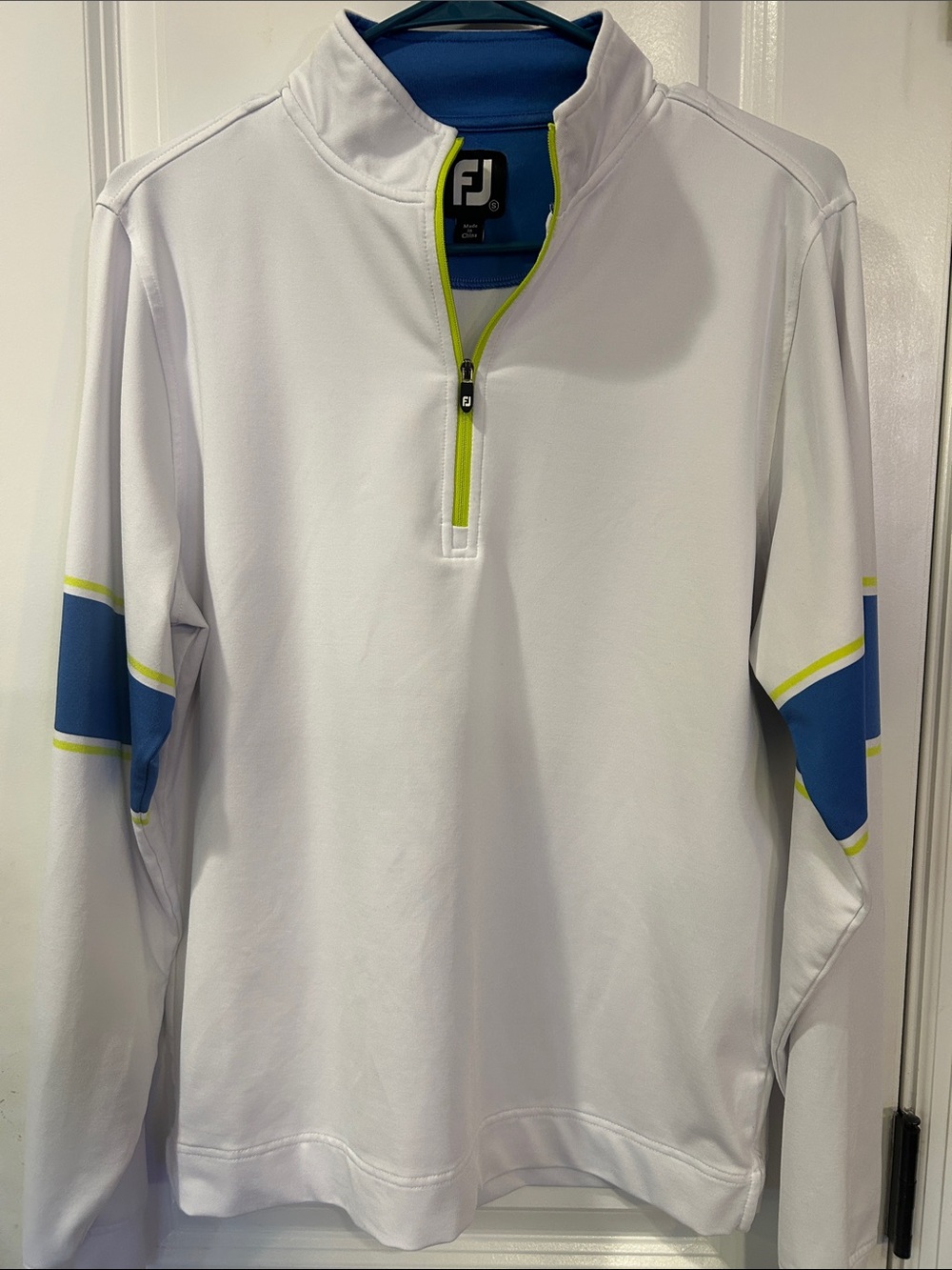 FootJoy White Quarter-Zip Pullover with Blue and Lime Accents